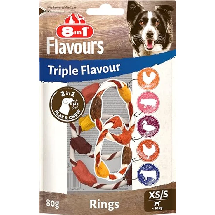 8in1 Triple Flavour Rings XS/S, Kausnacks für Hunde mit extra viel Fleisch, 80g Beutel (2 Doppelringe), reich an Proteinen, ohne Zucker und künstliche Aromen – Bild 1