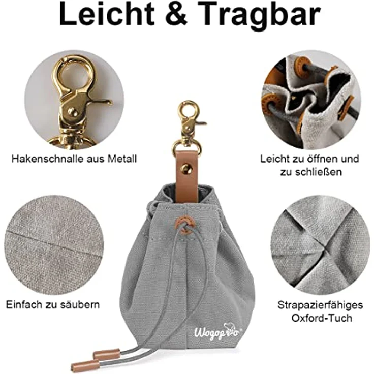 WOGOPRO Leckerlibeutel für Hunde, strapazierfähiger Canvas Hundefutterbeutel mit Clip und verstellbarem Kordelzug, grau – Bild 2