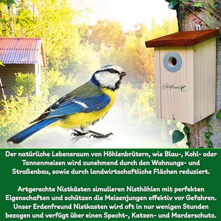 ERDENFREUND® Meisen Nistkasten 28mm, mit Katzen-/Marderschutz und Spechtschutz aus rostfreiem Metall, massives Holz, easy clean – Bild 5