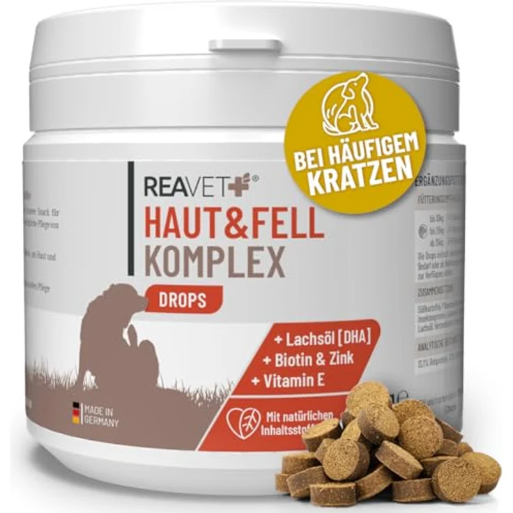 REAVET Haut & Fell Komplex Drops, Leckerlis für Hunde mit Omega-3-Fettsäuren, Biotin & Vitamin E, 350g (160Stk), zucker- & getreidefrei – Bild 1