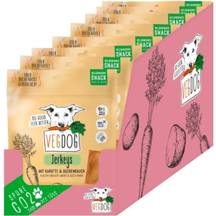 VEGDOG Jerkeys hypoallergener Hundesnack, 100% vegan mit Buchenholz Rauch, 9 x 80 g, glutenfrei, für Allergiker mit Karotte und Gemüse – Bild 3