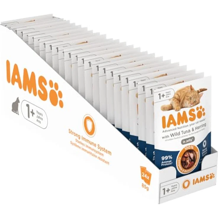 IAMS Delights Katzenfutter Nass mit Thunfisch & Hering in Gelee, Multipack für Erwachsene Katzen, 24 x 85g, ohne künstliche Zusatzstoffe, 99% tierische Proteine – Bild 1