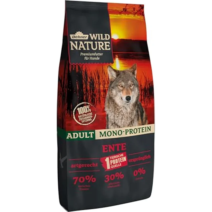 Dehner Wild Nature Hundefutter Mono Protein, Trockenfutter getreidefrei und zuckerfrei, für ausgewachsene Hunde, Ente/Fisch, 12 kg – Bild 1