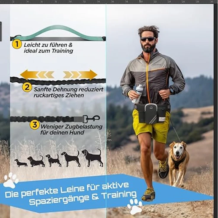 PETSATION Joggingleine, Hands-Free mit Bauchgurt & Hüfttasche, verstellbar, reflektierend, stoßdämpfend für Joggen, Wandern, Fahrrad, robust für alle Hunde – Bild 5