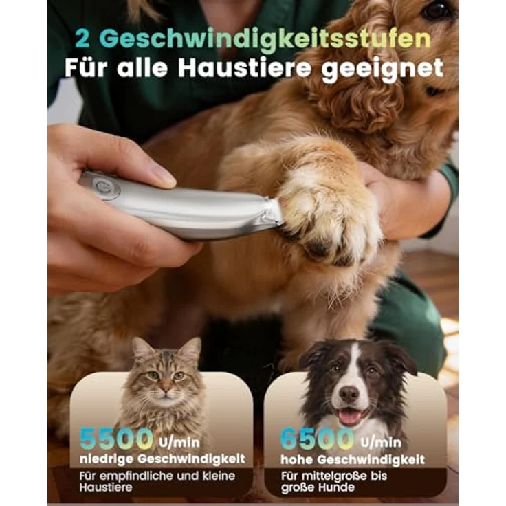 oneisall Pfotentrimmer für Hunde und Katzen mit LED-Licht, kabellos, ultraleise (unter 40 dB), ergonomisches Design, 2 Geschwindigkeitsstufen – Bild 3