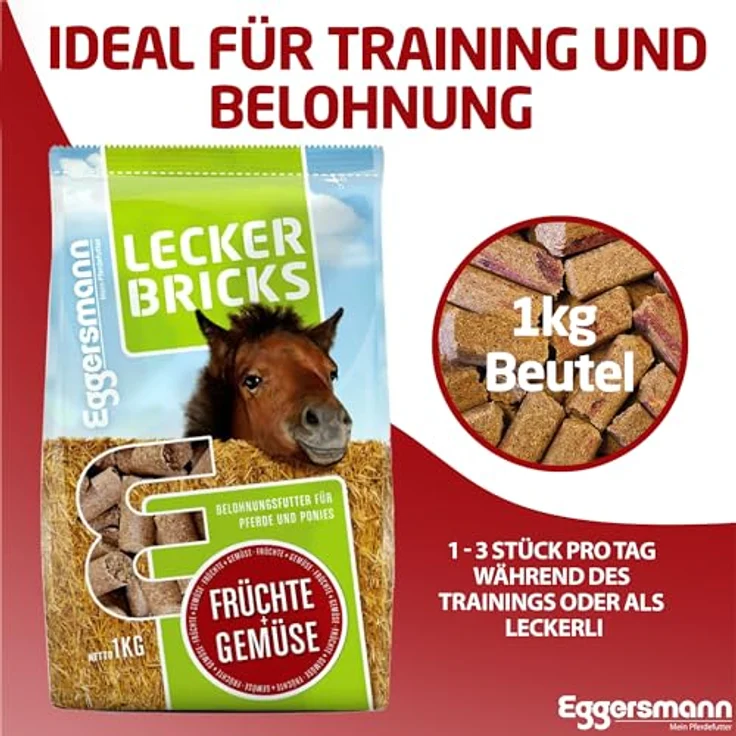 Eggersmann Mein Pferdefutter Lecker Bricks, 1kg Pferde-Leckerlis mit natürlichem Früchte-Gemüse-Geschmack, ideal als Belohnung für Pferde & Ponys, deutsches Pferde-Zubehör – Bild 5