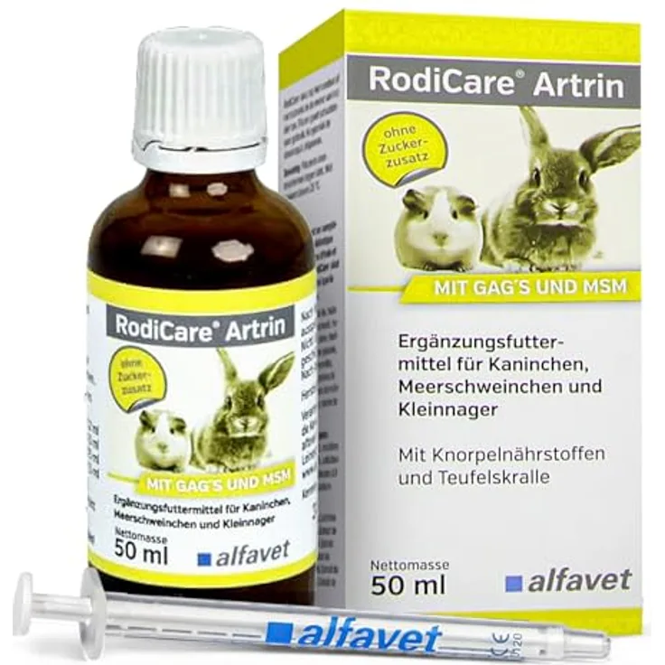 Alfavet RodiCare Artrin, Ergänzungsfuttermittel für Kaninchen, Meerschweinchen und Kleinnager mit Knorpelnährstoffen und Teufelskralle, 50 ml Glasflasche mit Dosierspritze