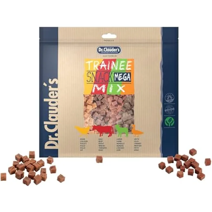 Dr. Clauder's Trainee Snack Mega Mix, leichter Verdaulicher Snack aus 95% Fleisch mit Inulin für Hunde und Katzen, Nährstoffreiche Leckerlis im Frischebeutel, 500g