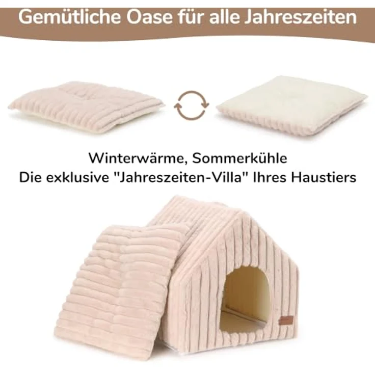 FUKUMARU Katzenhaus, waschbare Katzenhöhle aus Kunstkaninchenfell in Grottenform mit herausnehmbarem Kissen, 44,5 cm, rosa-grau – Bild 3