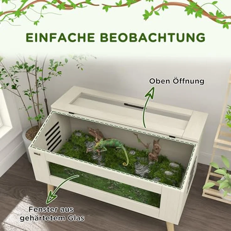 PawHut Terrarium für Reptilien, 100 x 50 x 60 cm, 140L Fütterungsbox mit gehärteten Glasfenstern, aufklappbarem Deckel und optimaler Belüftung, Eiche – Bild 4