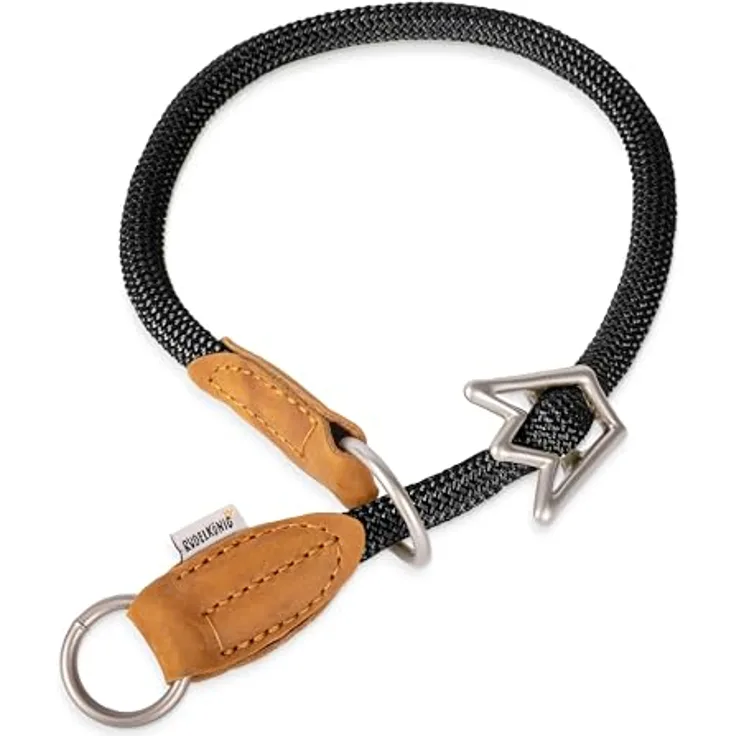 Rudelkönig Hundehalsband Emma, Zugstopp-Halsband aus Leder und Nylon, ø 12mm, für mittelgroße Hunde, schwarz, witterungsfest und pflegeleicht