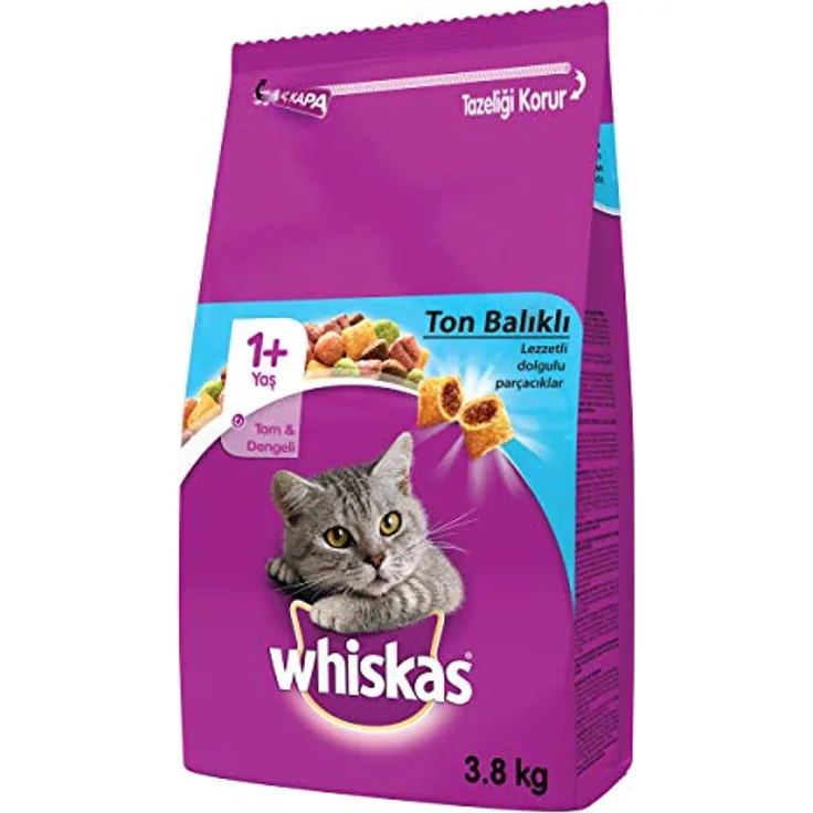 WHISKAS® Beutel Trockenfutter 1+ mit Thunfisch, 3,8kg, ausgewogen mit Vitaminen, knusprige Knackits, unterstützt Zahnpflege
