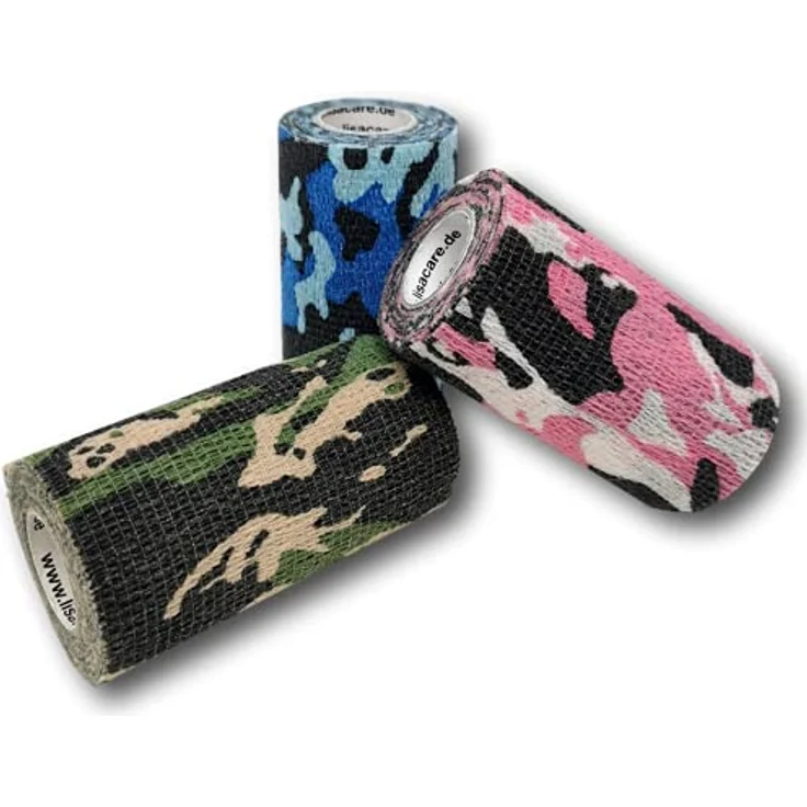 LisaCare Fixierbinden Set, 3 Rollen in Camouflage Grün, Rot und Blau, 10cm x 4,5m - Kohäsive, selbsthaftende, elastische Bandage, wasser- und fettabweisend – Bild 1