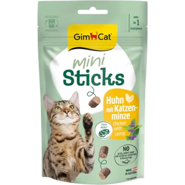 GimCat Mini Sticks Huhn mit Katzenminze, Getreidefreie Katzensnacks mit Vitaminen und Taurin, 50 g Beutel