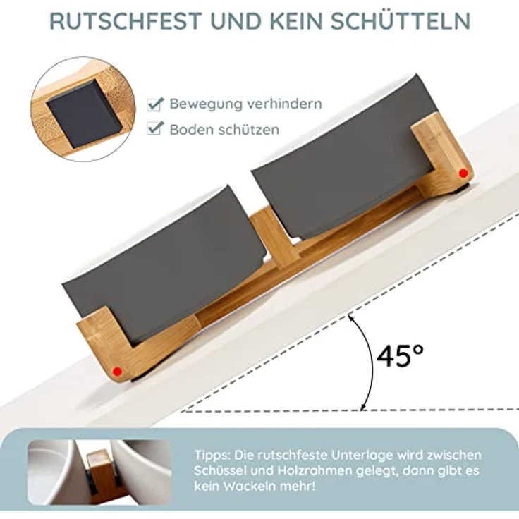 SPUNKYJUNKY Hundenapf Keramik, ergonomisch erhöhter Futternapf mit Bambusständer für große Hunde und Katzen, 850ml, Weiß Grau – Bild 5