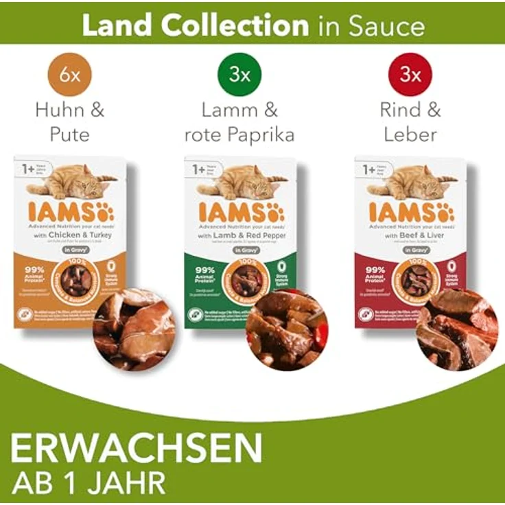 IAMS Delights Land Collection Katzenfutter Nass, Multipack mit Lamm, Rind, Huhn & Pute in Sauce, 12 x 85g, für Katzen ab 1 Jahr – Bild 3