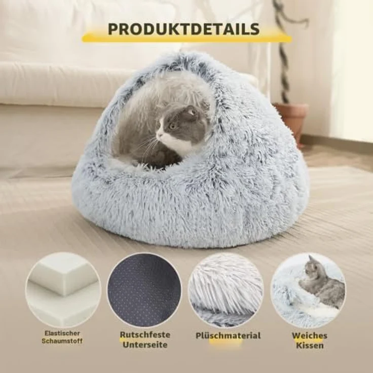 CATISM Katzenbett XL (60cm), Waschbar, Flauschiges Plüsch-Katzenschlafplatz mit Höhlendesign und rutschfestem Boden, Grau – Bild 2