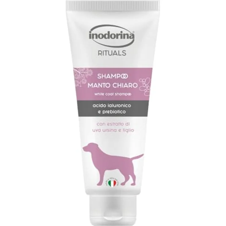 Inodorina Rituals Shampoo für Hunde mit weißem Fell, 250 ml – Parabenfrei, beruhigend, spendet Feuchtigkeit, UV-Filter, Bärentraube & Linde
