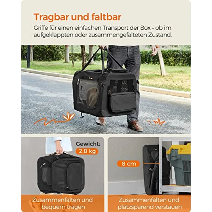 Feandrea Hundebox faltbar PDC60H, Transportbox für Hunde M, atmungsaktiv mit Metallrahmen, schwarz, 60 x 42 x 42 cm, tragbar und mit seitlichen Taschen – Bild 3
