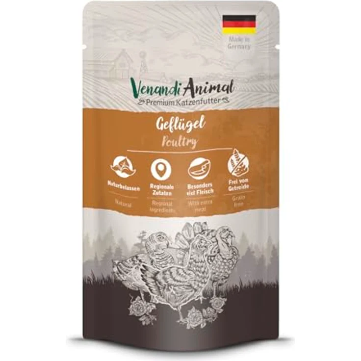Venandi Animal 12 x 125 g, Getreidefreies Katzen-Nassfutter mit hohem Fleischgehalt und Taurin, für adulte Katzen – Bild 1
