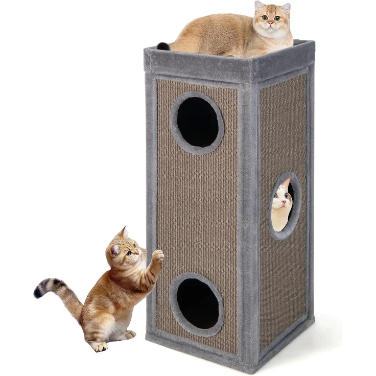 GOPLUS Katzenbaum, 4-stöckiges Katzenhaus mit 3 Höhlen, Sisal-Kratzbrettern und abnehmbarem Kissen, grau