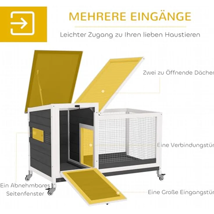 PawHut Kaninchenstall aus Holz, Hasenstall mit Freilaufgehege, klappbare Dächer, wetterfest, 92x52x67 cm, dunkelgrau – Bild 4