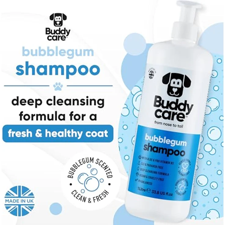 Buddycare Kaugummi-Hundeshampoo, Tiefenreinigendes Shampoo mit Aloe Vera und Pro-Vitamin B5, 1L, süßer Duft – Bild 2