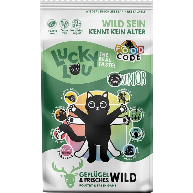 Lucky Lou Senior Geflügel und Wild, Katzen-Trockenfutter mit 8 Gesundheitsbenefits, 1,7kg