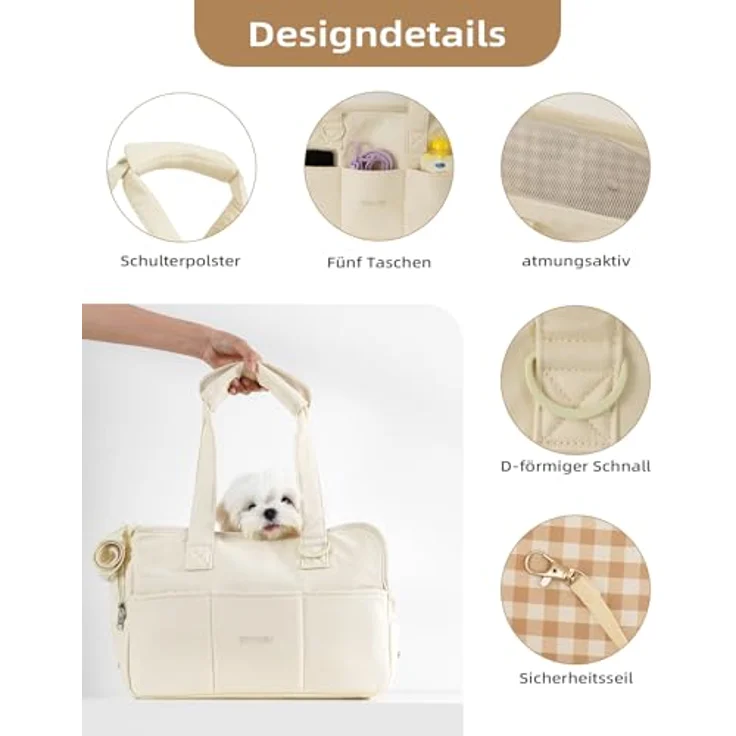 ONECUTE Hundetrage Soft Sided für kleine Hunde, Kaninchen und Katzen, zusammenklappbar mit 5 großen Taschen, atmungsaktives Baumwollmaterial, beige (43 * 19 * 31 cm) – Bild 4