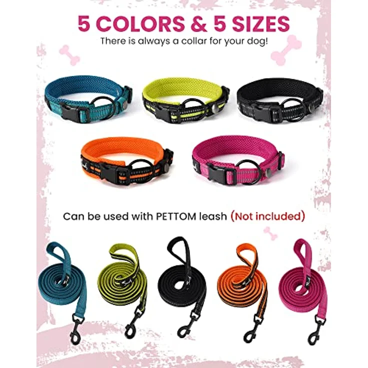 PETTOM Hundehalsband, verstellbares Nylonhalsband mit atmungsaktivem Mesh und reflektierendem Design, rosa, Größe M – Bild 4