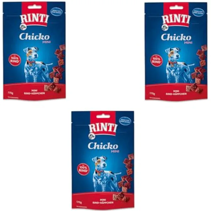 Rinti Extra Chicko Mini Rind, 3er Pack mit herzhaften Mini Häppchen aus frischem mageren Rindfleisch, 3 x 170 g, Ergänzungsfuttermittel für ausgewachsene Hunde