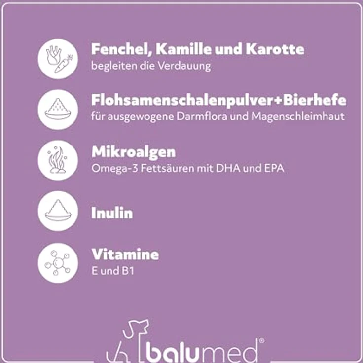 balumed® Snacks Magen+Darm, hochkonzentrierte Hundeleckerli mit Fenchelsamen & Flohsamenschalen, Präbiotika, Postbiotika, Kamillenblüten, Bierhefe, Omega-3, 325 g – Bild 3