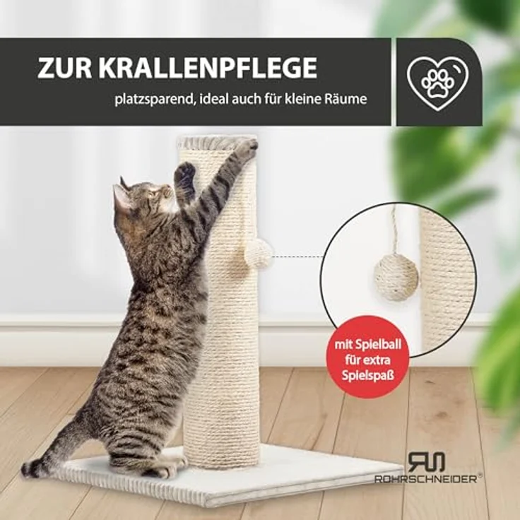 Rohrschneider ® Kratzbaum XL, extra dicke Kratzsäule Ø 12 cm mit Spielzeug, Bodenplatte mit Cordbezug beige, 40x40 cm, 54 cm hoch – Bild 5