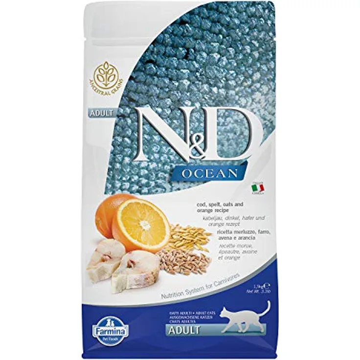 Farmina N&D Ocean Adult Pellets Katzenfutter, Trockenfutter mit Kabeljau, Dinkel, Hafer und Orange, 1,5 kg, ohne Mais, reich an Vitaminen und Antioxidantien