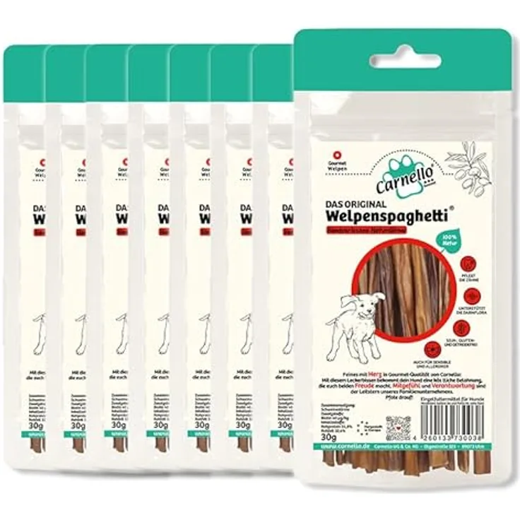 Carnello Welpenspaghetti, getreidefreier Hundesnack für kleine Hunde, 8 x 30g, unterstützend für die Darmflora, mit natürlichen Zutaten, wiederverschließbarer Beutel