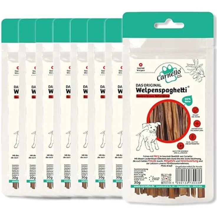 Carnello Welpenspaghetti, getreidefreier Hundesnack für kleine Hunde, 8 x 30g, unterstützend für die Darmflora, mit natürlichen Zutaten, wiederverschließbarer Beutel – Bild 1