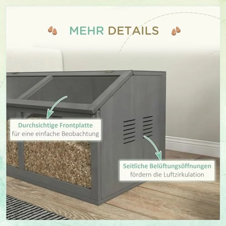 PawHut Hamsterkäfig aus Holz 85 x 45 x 44 cm, Nagerkäfig mit oberer Tür, Hängebrücke, Leitern und Hütte für Zwerghamster, dunkelgrau – Bild 5