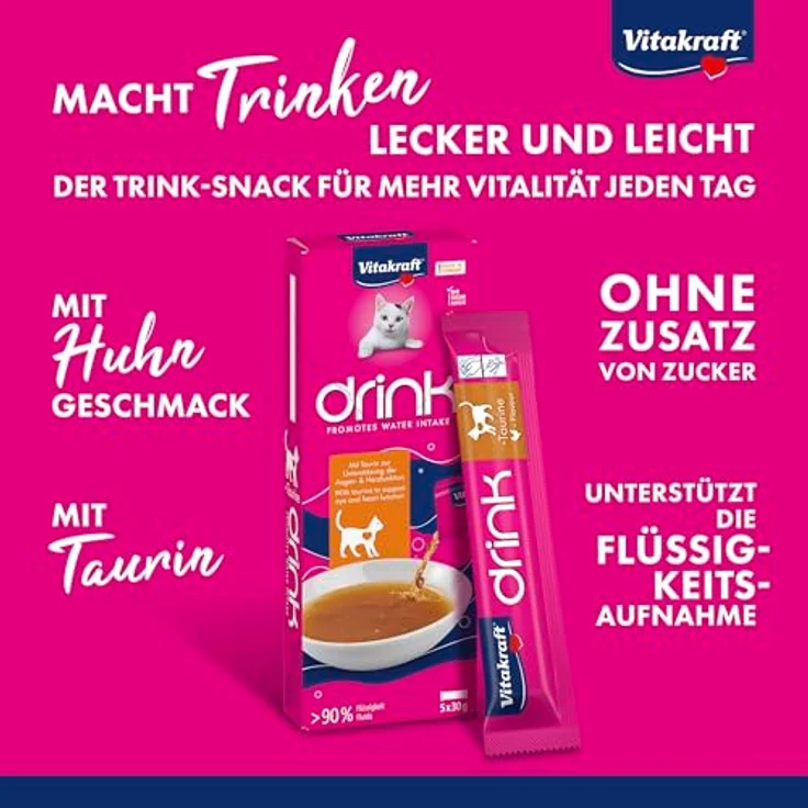 Vitakraft Drink, Katzen Leckerli flüssig mit Huhn, fördert ausgewogene Flüssigkeitsaufnahme, in 5x30g Sachets, ohne Zuckerzusatz – Bild 2