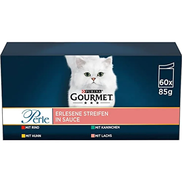 Gourmet Perle Erlesene Streifen Katzenfutter nass, Sorten-Mix mit Huhn, Rind, Lachs und Kaninchen, 60er Pack (60 x 85g)