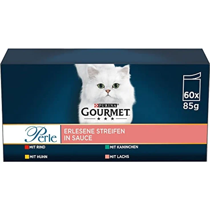 Gourmet Perle Erlesene Streifen Katzenfutter nass, Sorten-Mix mit Huhn, Rind, Lachs und Kaninchen, 60er Pack (60 x 85g) – Bild 1