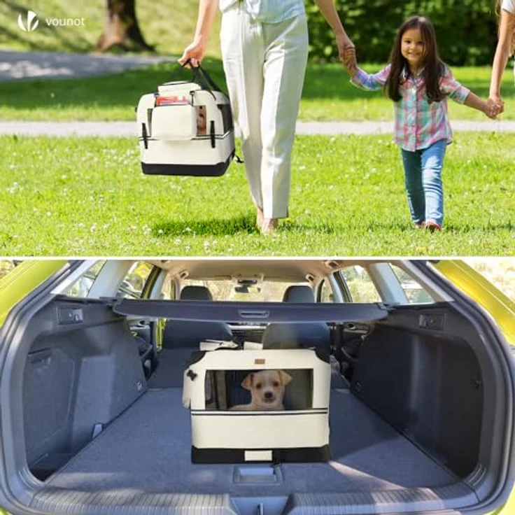 VOUNOT Hundebox faltbar, Transportbox für Hunde und Katzen, Atmungsaktives Oxford-Gewebe mit Metallrahmen, 50x35x36cm S, Beige, inklusive Utensilientaschen und herausnehmbarer Innenmatte – Bild 3