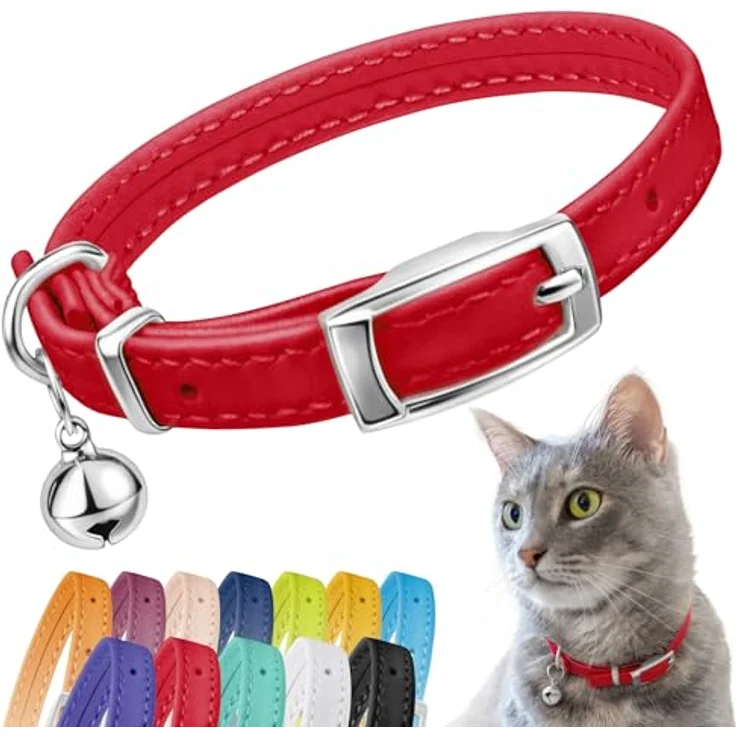 CollarDirect Leder Katzenhalsband mit Sicherheitsverschluss und Glocke, 21,5 cm, rot, handgefertigt aus echtem Leder – Bild 1