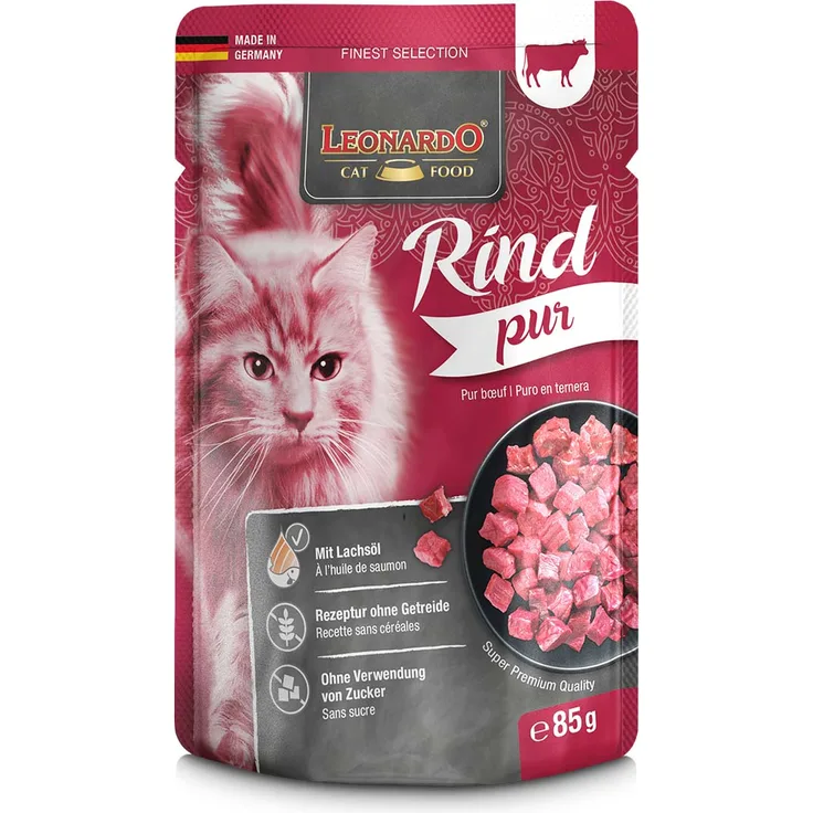 Leonardo Finest Selection Rind pur, Katzen-Nassfutter in praktischen Einzelportionen, 16x85g