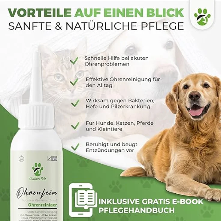 Golden Pets Ohrenreiniger "Ohrenfein", 100% natürliche Ohrenspülung gegen Juckreiz, Entzündung & Ohrenschmalz, 250ml – Bild 3