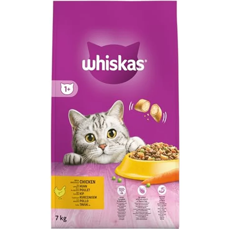 Whiskas 1+ Adult Huhn, komplettes Katzenfutter mit Knusprigen Knackits®, 7 kg