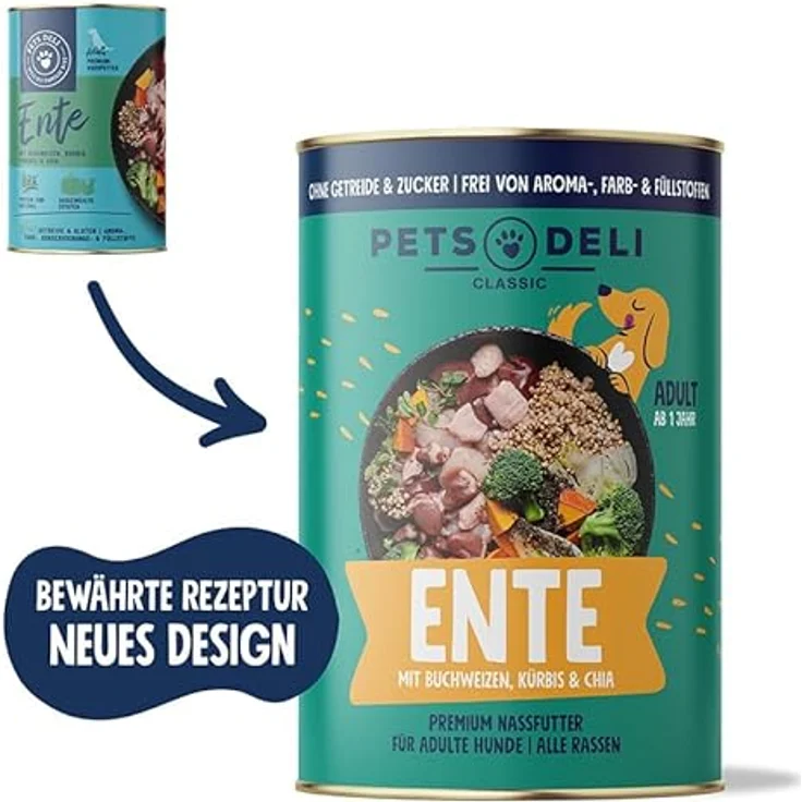 Pets Deli Hundefutter nass 4,8 kg - 6er-Pack, Ente mit Kürbis, Brokkoli, Chia und Fenchel, 0% Getreide, 0% Zucker – Bild 2