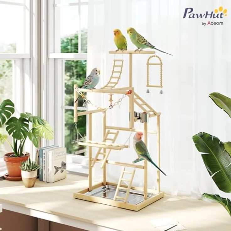 PawHut Vogelhaus mit Spielzeug, Naturholz, Edelstahlwanne für Nymphensittiche, Conures und Unzertrennliche – Bild 2