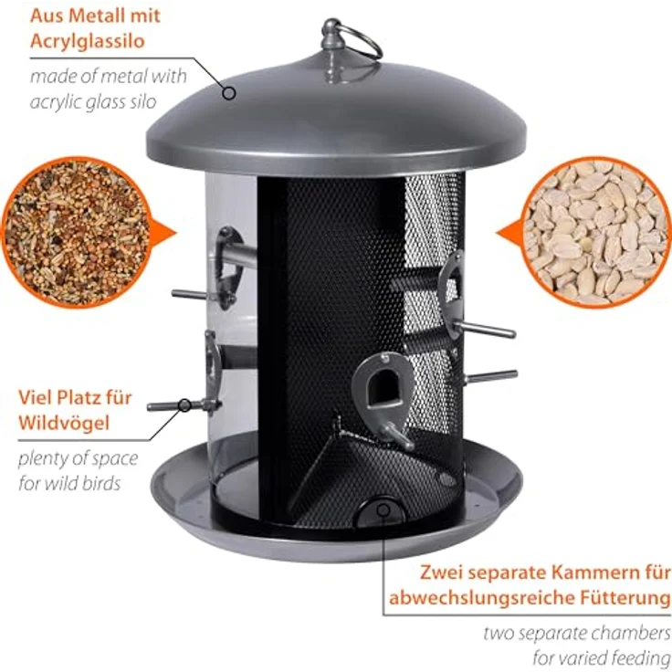 Dobar 19981 Große Futtersäule mit Kammern und Anflugstangen, Wildvogel-Futterstation zum Aufhängen, 24,5 24,5 34,5 cm, Metall, Silber – Bild 4