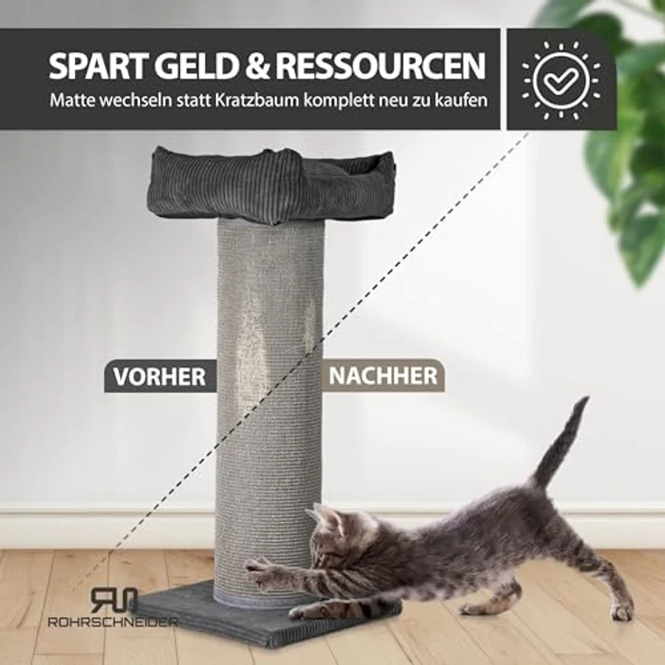 Rohrschneider Kratzbaum Frieda XXL, stabile Kratztonne mit tauschbaren Kratzmatten, waschbarem Cordbezug in dunkelgrau, für große, mittlere und kleine Katzen – Bild 5