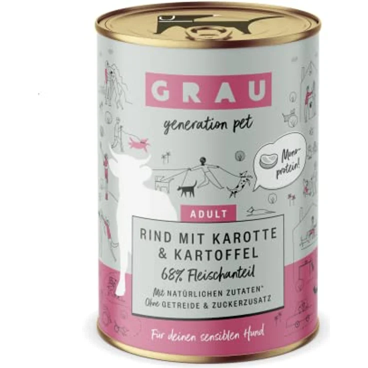 Grau GRAU – das Original – Nassfutter für Hunde, Rind mit Karotte & Kartoffel, Monoprotein, getreidefrei, 6er Pack (6 x 400 g) für sensible erwachsene Hunde – Bild 1